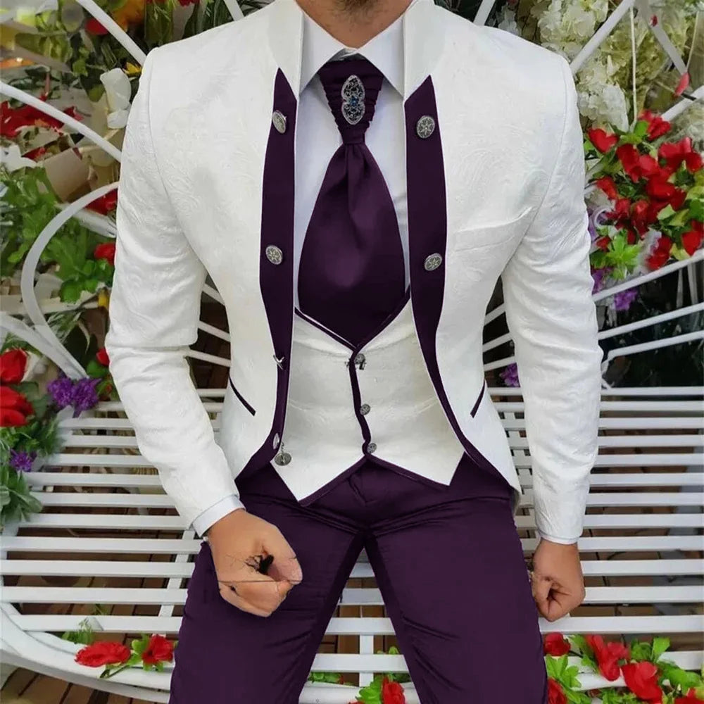 Showlu Men's royal blue 3-piece wool tuxedo suit with jacket, vest, and pants, ideal for wedding groom attire.