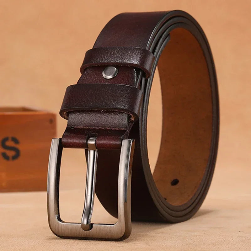 Showlu men's genuine leather belt with high-quality pin buckle, plus size, showing close-up of black leather strap and buckle detail.