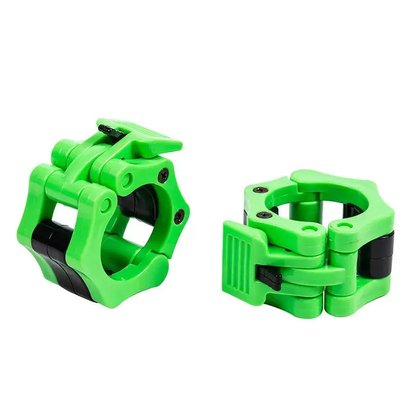 Pair of Showlu Fashion Store quick release barbell clamps with spin lock design for weightlifting and strength training.