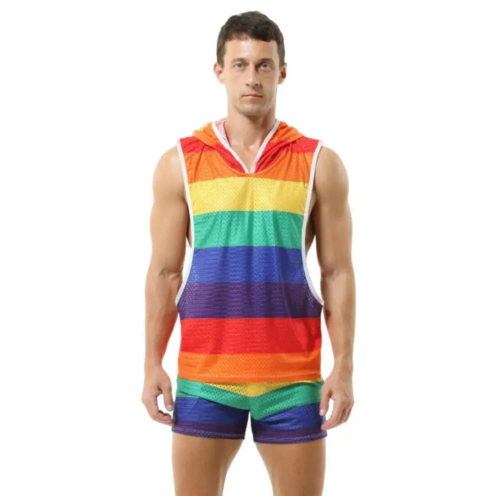 Men's rainbow striped hooded tank top and mesh shorts fitness set by SHOWLU FASHION STORE, casual athletic wear.