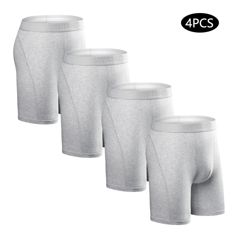 Men's long leg boxer shorts by SRBONITOS, 4-pack cotton trunks in plus size, displayed in black and navy colors.