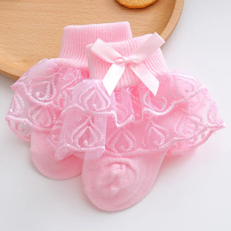 Toddler cotton lace ruffle princess mesh socks in candy colors, breathable ankle summer socks for ages 0-2 years.