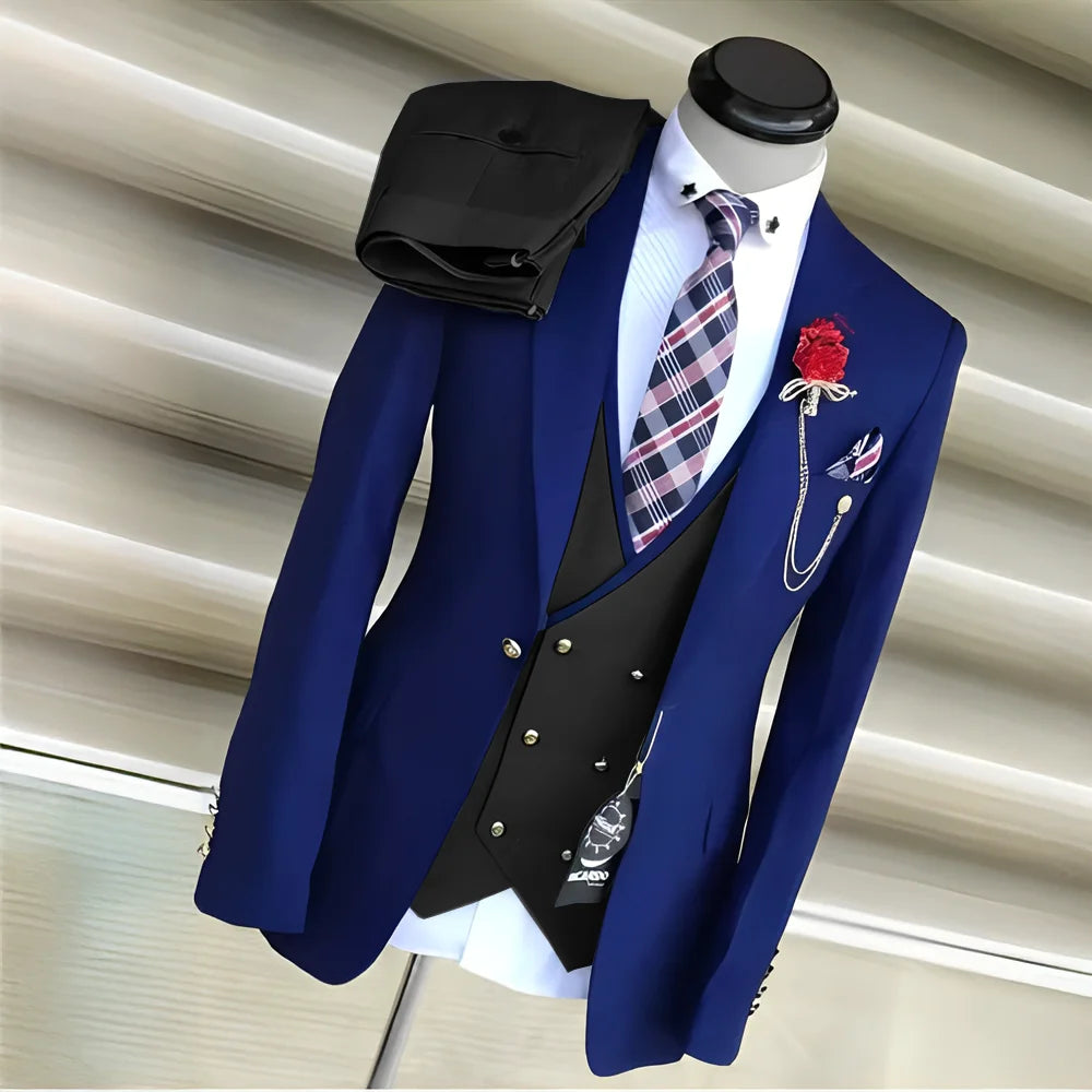 Royal blue men's 3-piece suit with yellow tuxedo jacket, pants, and vest for formal occasions, by Showlu Fashion Store.