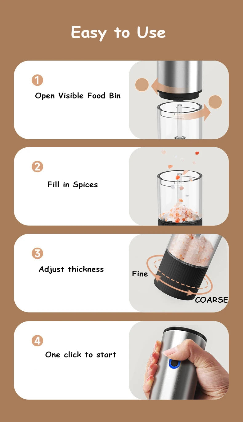 Showlu Smart Electric Salt and Pepper Grinder set with sleek black design and clear spice chambers on a kitchen countertop.