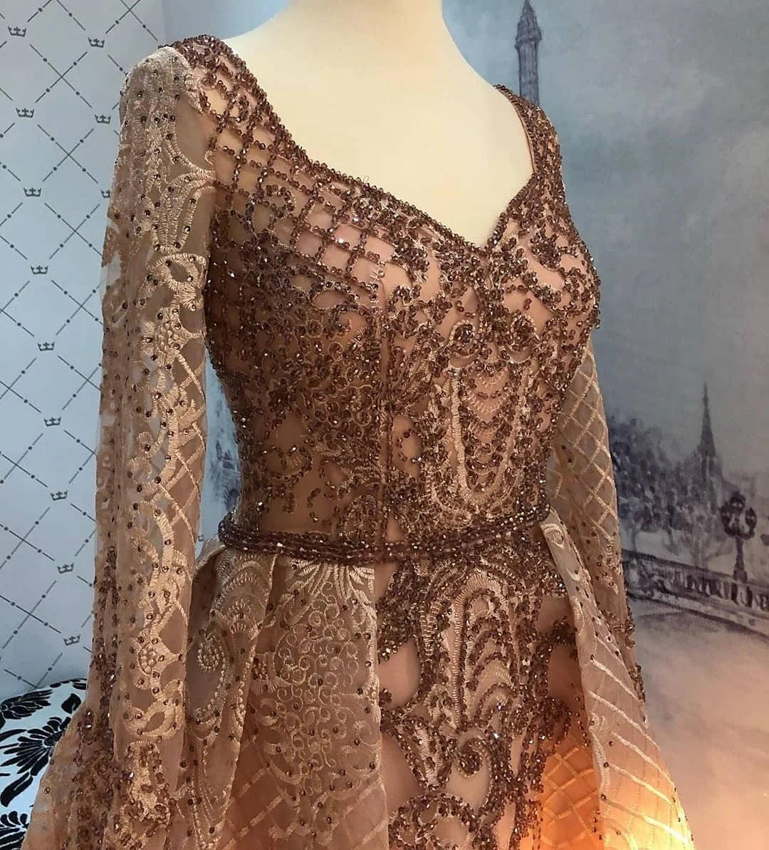 Luxury Long Sleeve Sexy V Neck Evening Dress Blue Women Beading Crystal Dubai Arabic Formal Occasions Prom Gown Vestidos Noche SHOWLU FASHION STORE