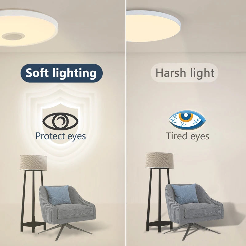 Showlu Smart RGB LED ceiling light with Bluetooth speaker and remote control, featuring colorful lighting and modern design.