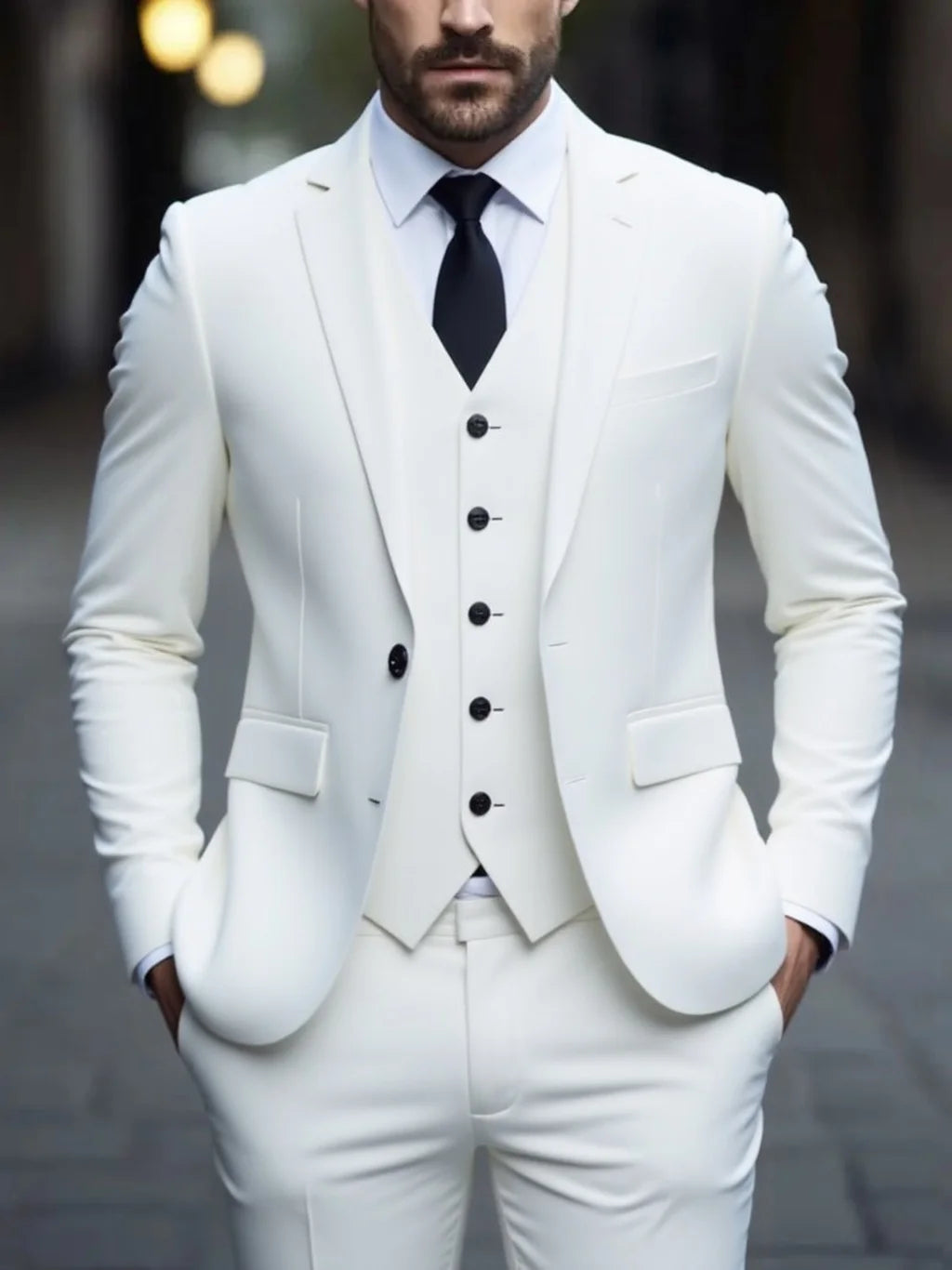 Men's white slim fit suit from SONGWEJiE, three-piece anti-wrinkle business formal suit, tailored for a sharp professional look.