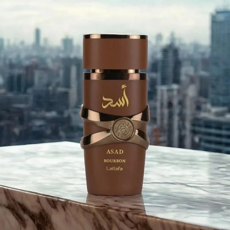 Unisex Lattafa Asad Bourbon Eau De Parfum bottle with fruity fragrance notes, 3.4 oz, shown in a sleek design.