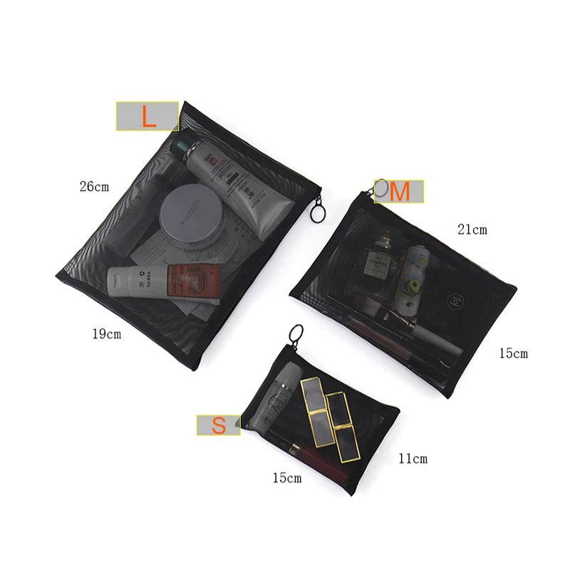 Large black portable outdoor travel makeup bag with transparent mesh compartments for storage and organization.