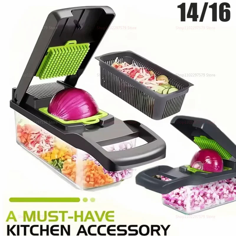 Showlu Smart multi-functional kitchen chopper with stainless steel grater for slicing, grating, and chopping vegetables and cheese.