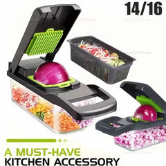 A multifunctional kitchen vegetable chopper with a clear storage container and interchangeable blades.