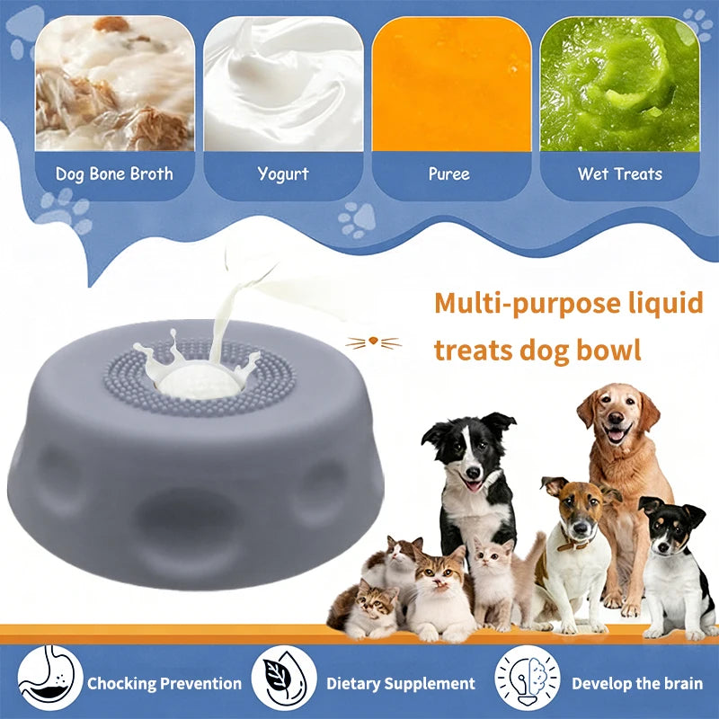 Showlu Fashion Store slow feeder dog bowl with ball-in design, anti-slip base, for liquid treats and bone broth for pets.