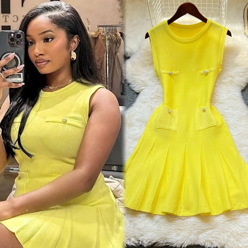YuooMuoo Chic Fashion 2025 Summer Pleated Short Dress Women O-neck Slim Waist A-line Party Dress Streetwear Lady Outfits Vestido