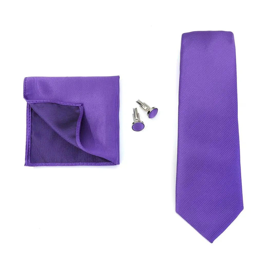 Men's solid color formal wedding necktie, jacquard woven tie with matching handkerchief and cufflinks, suitable for business and wedding attire.