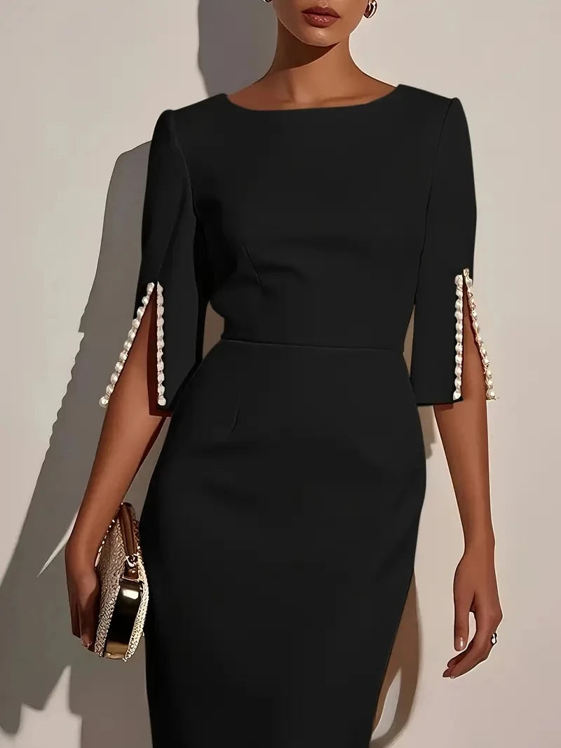 Beaded slim fit midi dress for women with a round neck and sheath style by Showlu Fashion Store, elegant and stylish for special occasions.