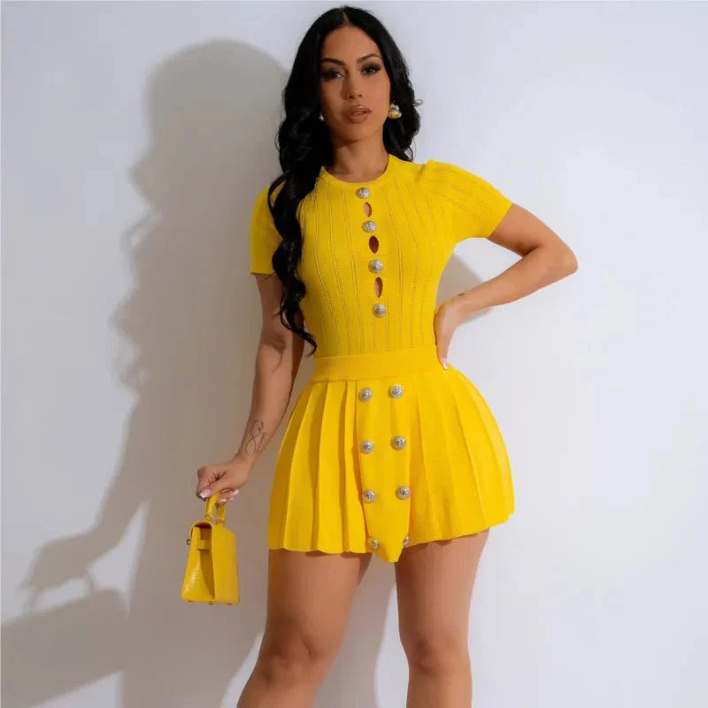 Yellow knit set featuring a short sleeve top and mini skirt for women by SHOWLU FASHION STORE.