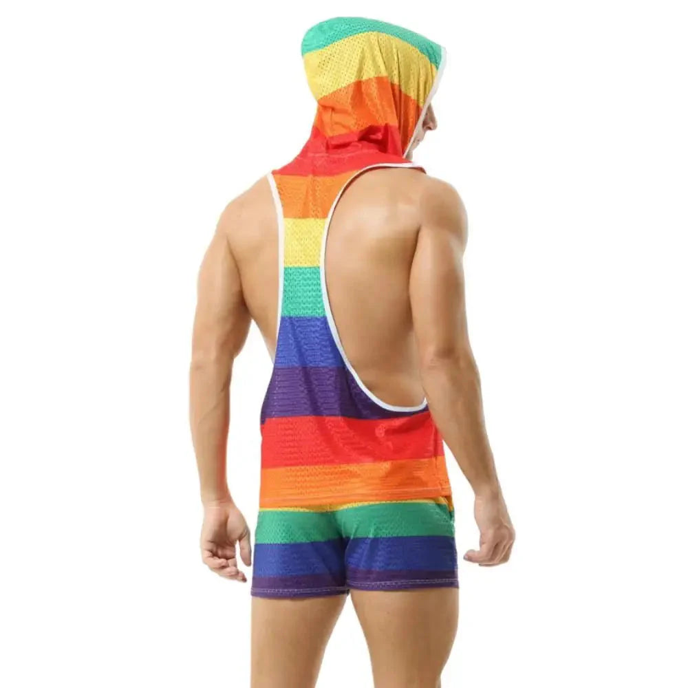 Men's rainbow striped hooded tank top and shorts mesh fitness set by SHOWLU FASHION STORE, featuring colorful athletic apparel.