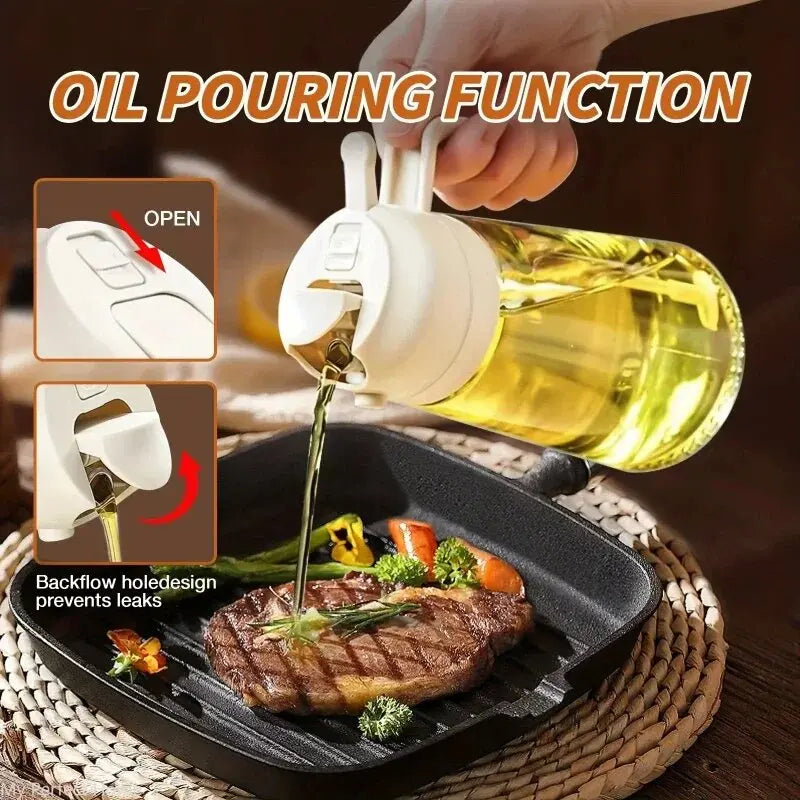 Plastic 2-in-1 spray oil bottle and dispenser from Showlu Fashion Store, ideal for cooking, baking, and grilling.