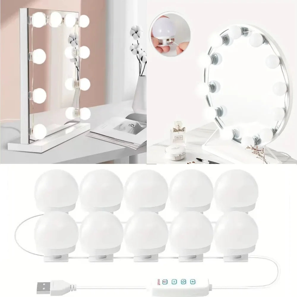Dimmable Pampsee LED vanity mirror lights with USB connection, designed for makeup and dressing mirrors, in a sleek modern style.