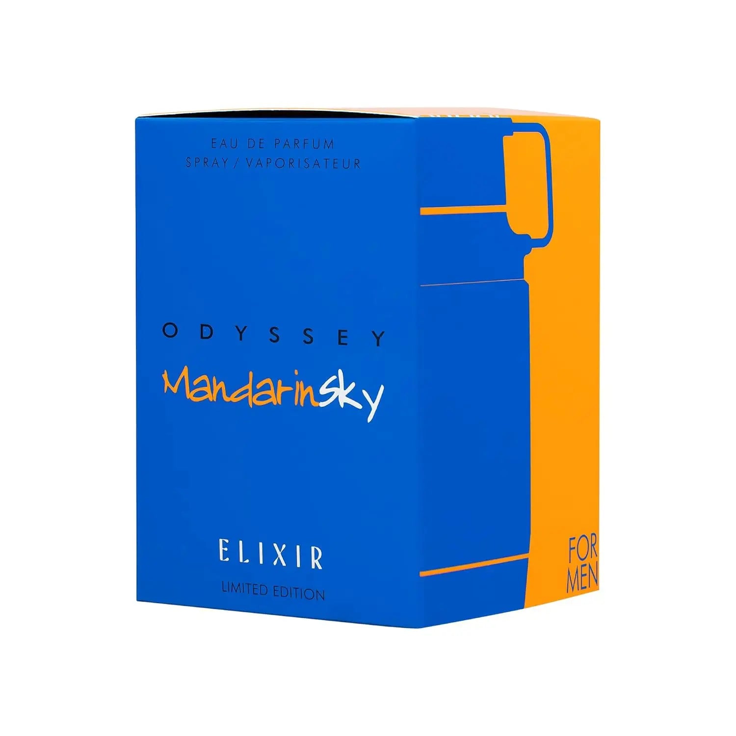 Limited edition Armaf Odyssey Mandarin Sky Elixir unisex perfume bottle with a sleek design, 3.4oz size.
