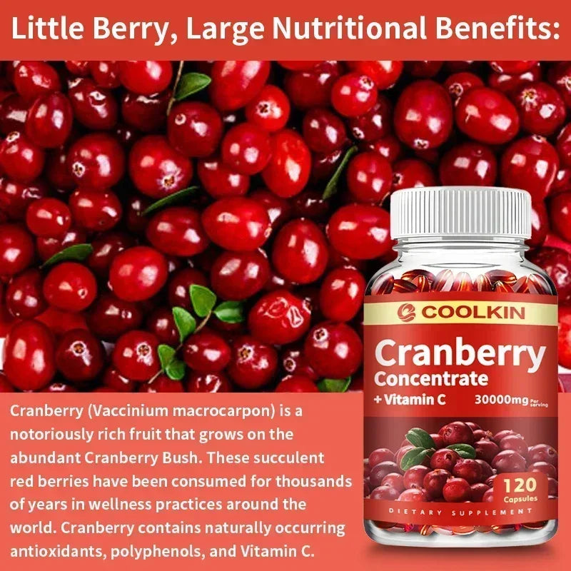 Cranberry supplement bottle for urinary tract, bladder, gut health, and immunity with vitamin C, displayed with label details.