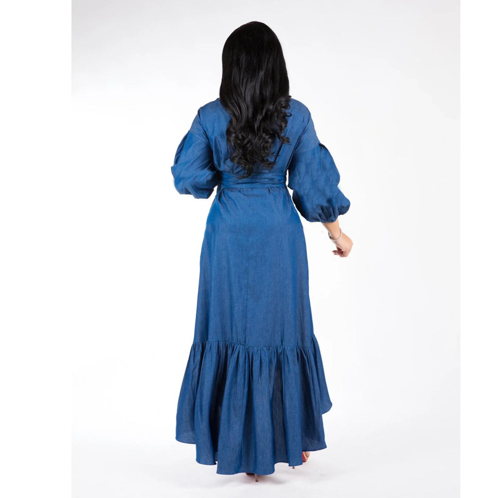 Elegant blue V-neck women's dress with ruffles, lantern sleeves, and lace-up design, perfect for spring and summer parties.