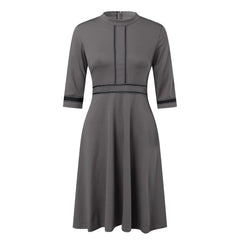 Holiday Dress 2024 Women Fashion Solid O-Neck Half Sleeve Dress Stripe Splice Zipper Mini Dress Elastic Waistband Dress платье