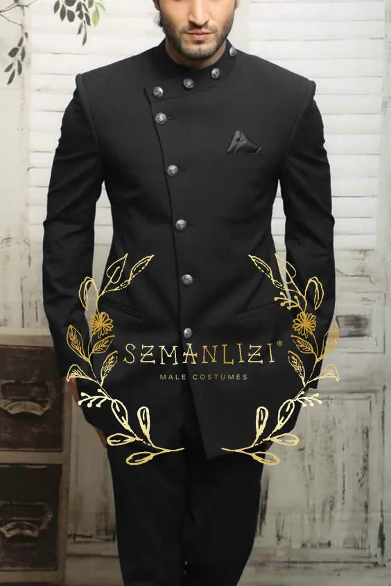 Navy blue Indian design men's slim fit suit with blazer and trousers, formal wedding or business attire, Showlu Fashion Store.