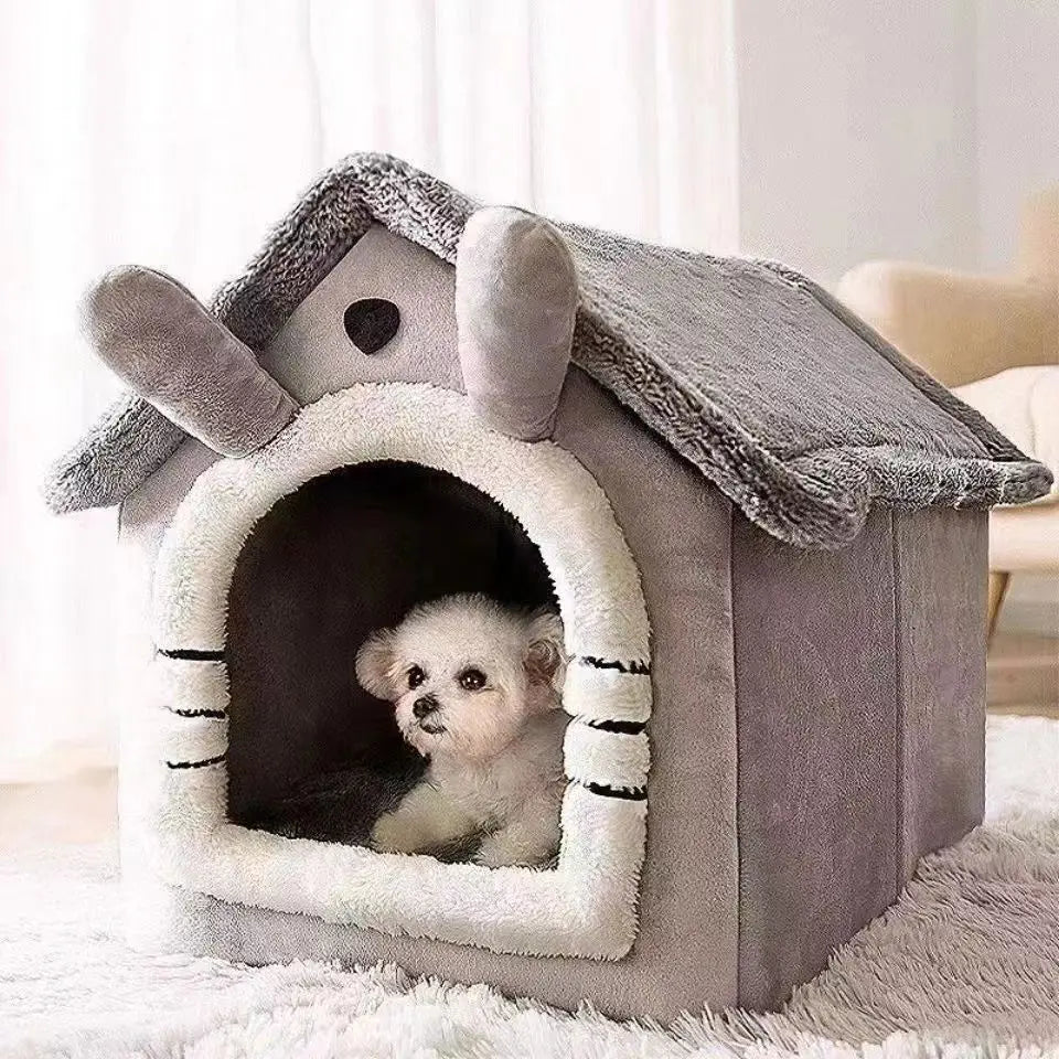 Showlu all-season dog house bed with warm coral fleece, washable pet bed designed for comfort and durability.