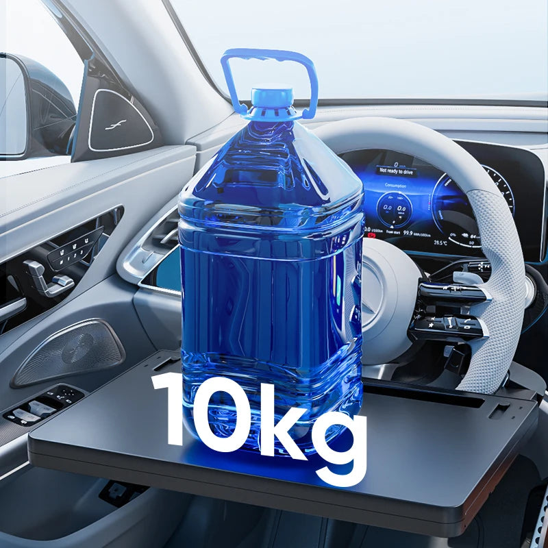 Showlu Smart General Car Steering Wheel Tray attached to steering wheel with drink holder and tray surface for convenience.