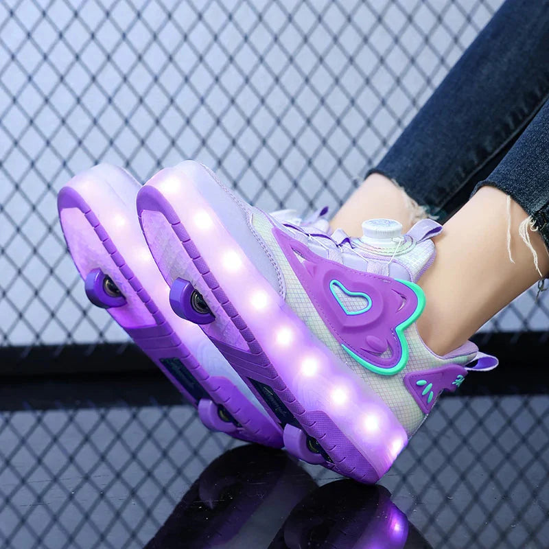 SHOWLU Kids LED roller skate shoes with luminous sneakers featuring USB charging and bright light-up soles for kids.