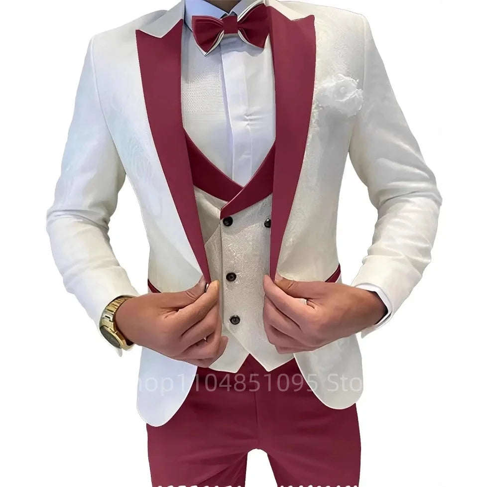 Men's formal jacquard suit by Showlu Fashion, 3-piece set with blazer, vest, and pants featuring a peak lapel, suitable for business or wedding.
