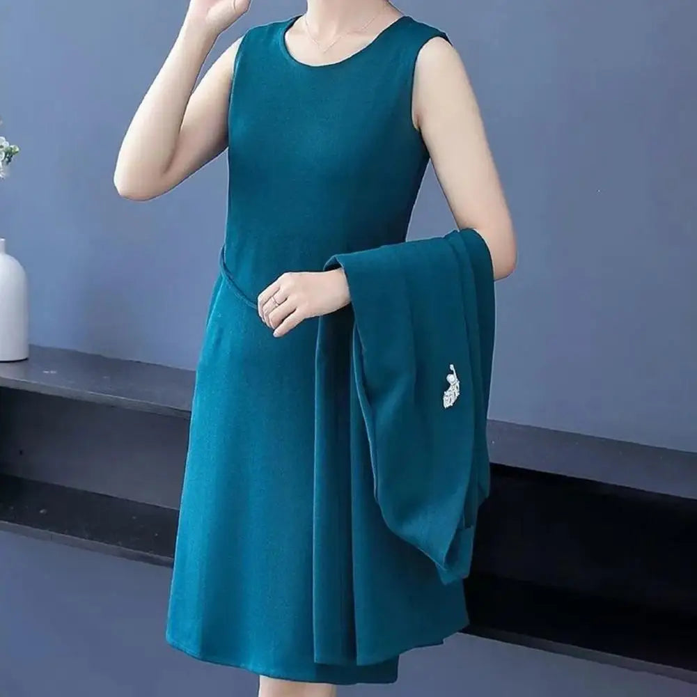 Elegant Women Outfit Tank Dress Coat Suit Spring Fall Solid Color Middle-age Ladies Long Cardigan Cape Dress Set Mom