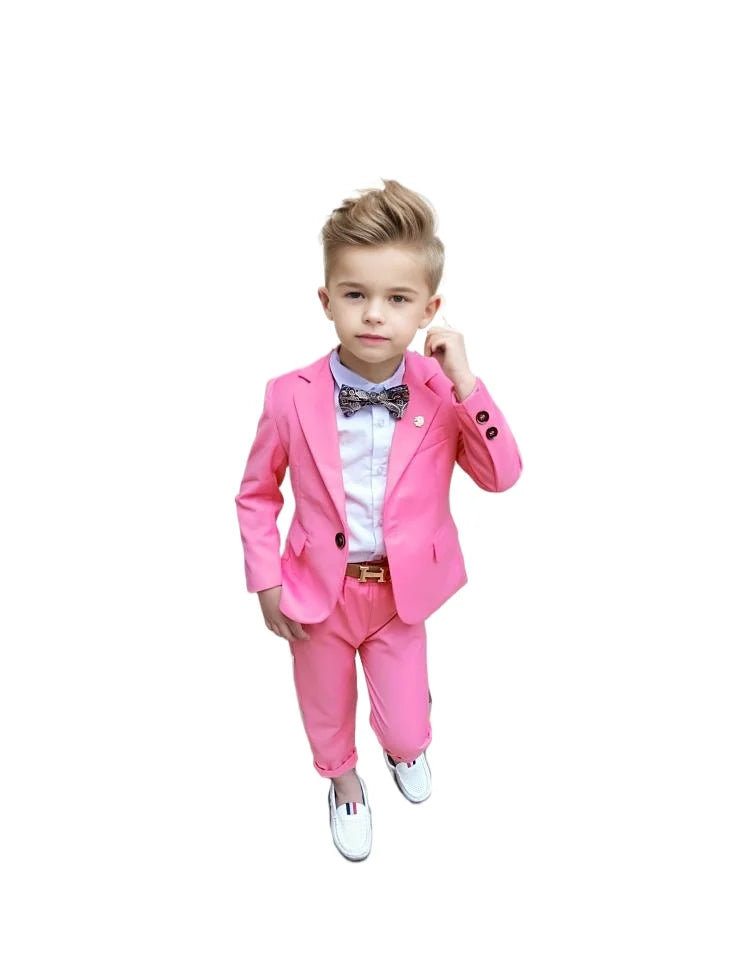 Children's pink spring dress suit for boys, includes jacket and pants, perfect for birthday parties and photoshoots.