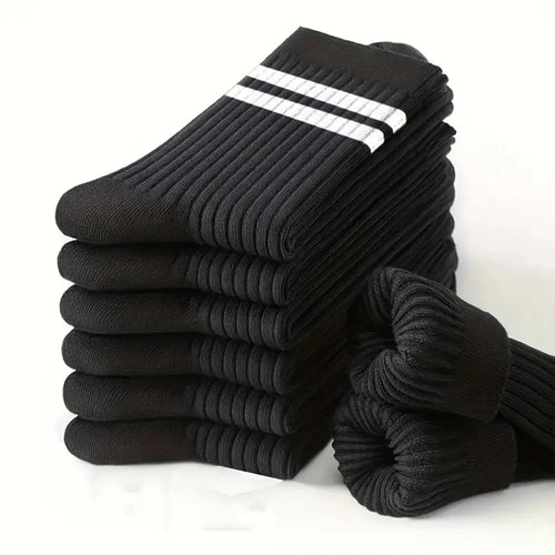 Six pairs of men's breathable black and white striped casual mid-tube socks with simple design and high-quality fabric.