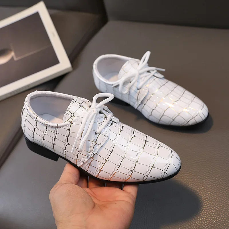 Black boys' leather flats from Showlu Fashion Store, casual children's wedding and school shoes with non-slip soles for toddlers.