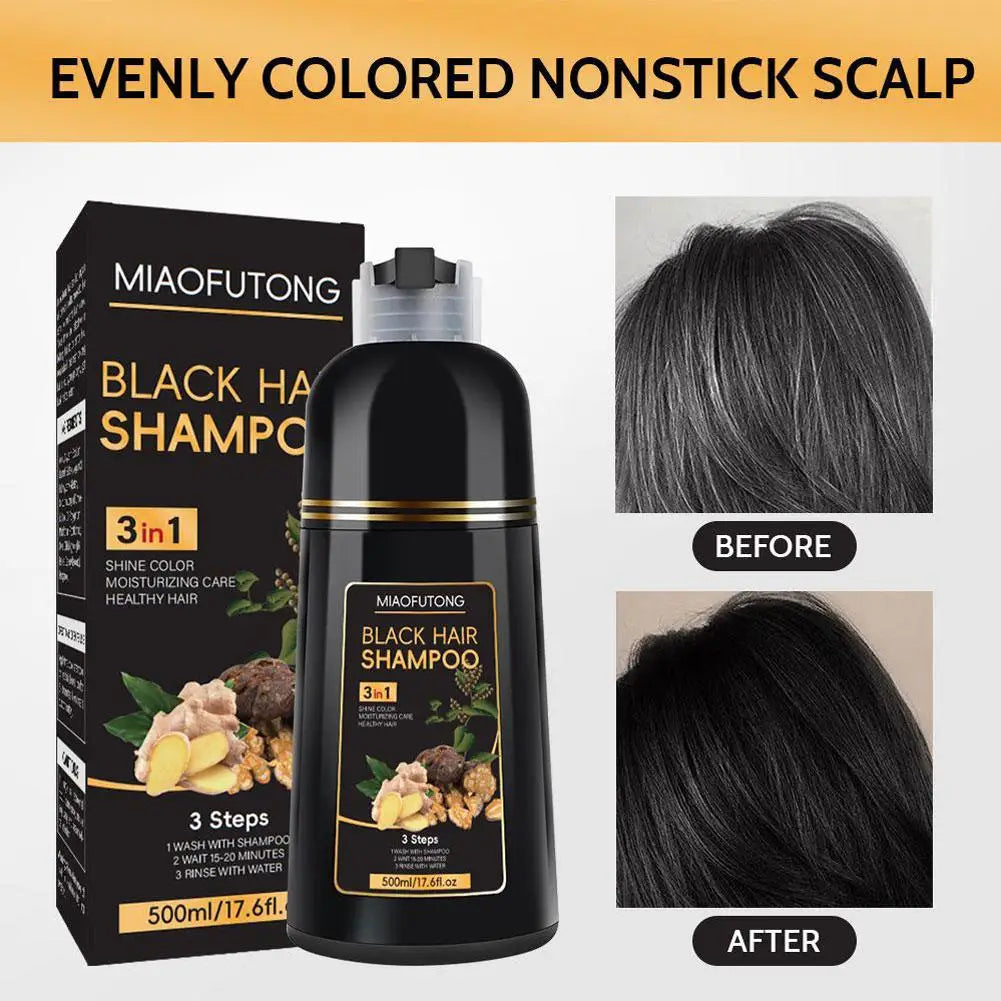 Polygonum Multiflorum natural black hair dye shampoo bottle, 500ml, by SHOWLU FASHION STORE, with black and white packaging.