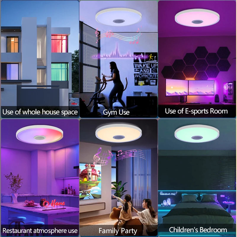 Showlu Smart RGB LED ceiling light with Bluetooth speaker, remote control, and modern design, installed on a ceiling.