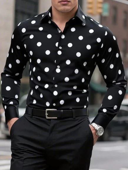 Men's long sleeve casual shirt with spotted lapel, button front, breathable fabric, versatile outdoor fashion by Showlu Fashion Store