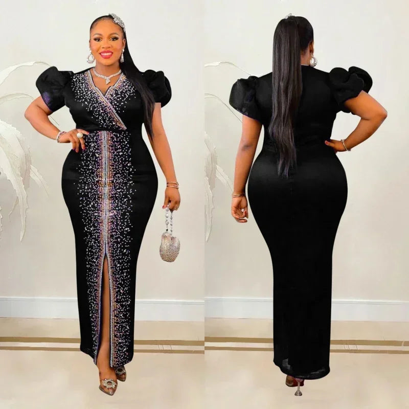 Summer Fashion Bubble Sleeve Diamond Evening Dress African Fashion Women High Street V-neck Slim Split Wedding Party Dress Women