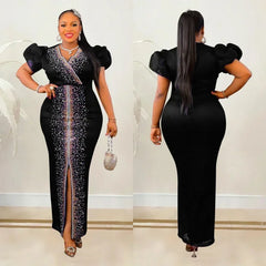 Summer Fashion Bubble Sleeve Diamond Evening Dress African Fashion Women High Street V-neck Slim Split Wedding Party Dress Women