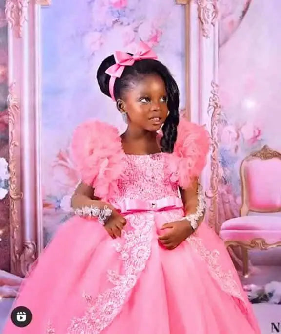 Peach Pink Little Baby Girls Birthday Party Dresses Lace Appliqued Flower Girl Dresses Kids Ball Gown Dress for Photo Shoot