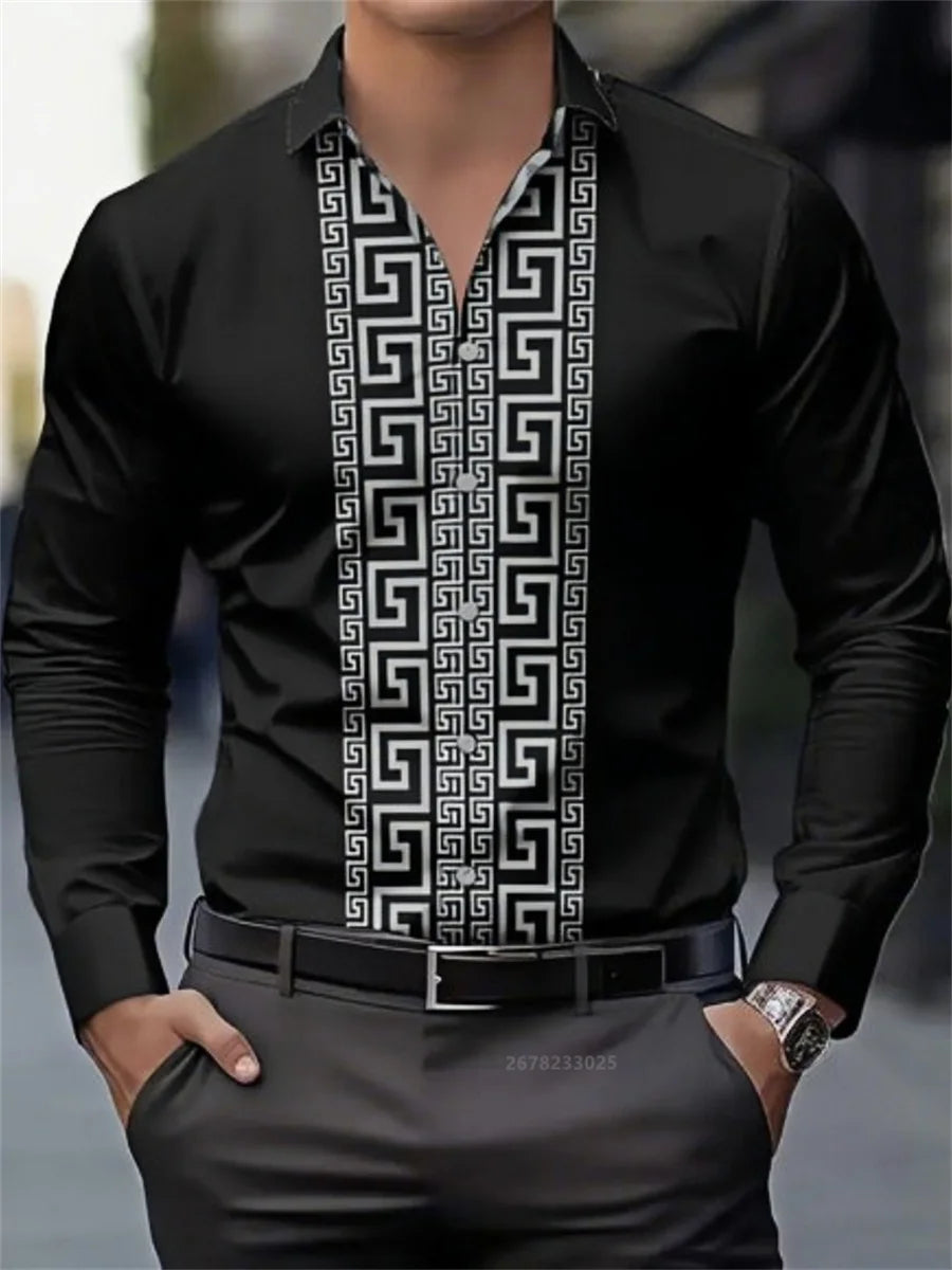 Men's long-sleeved patterned shirt with lapel buttons, stylish casual top by Showlu Fashion Store, comfortable and versatile for everyday wear.