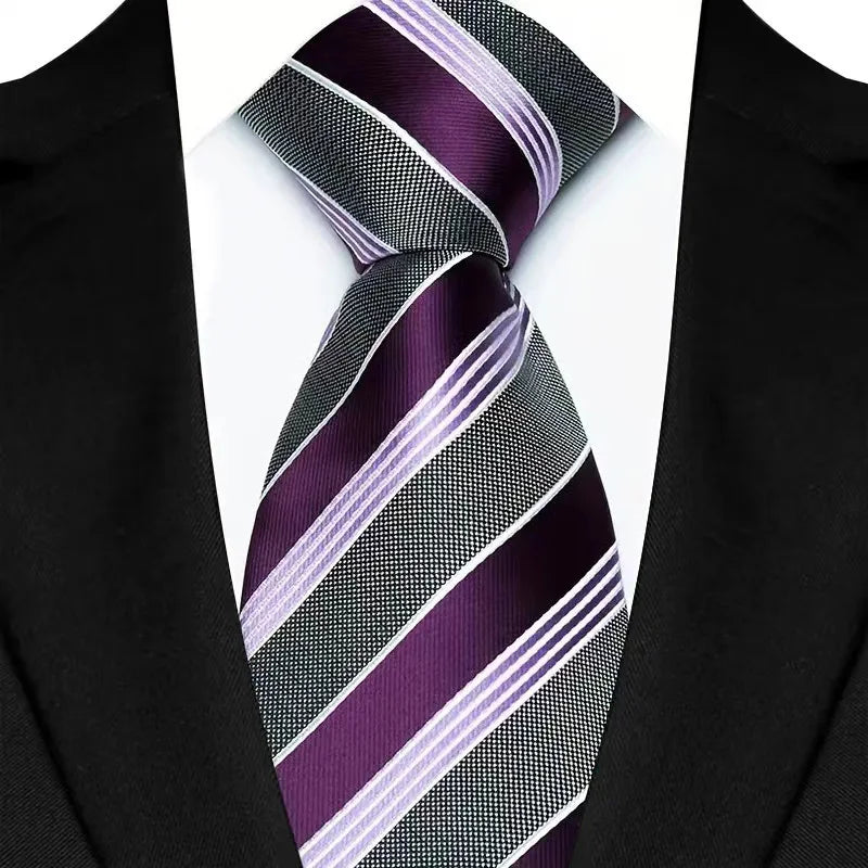 Purple striped and floral plaid men's necktie with jacquard weave, suitable for business, wedding, or party occasions.
