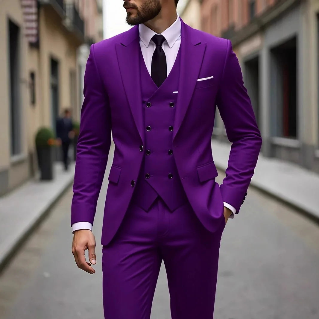 Classic men's wedding tuxedo by Showlu Fashion, slim fit groom suit with jacket, vest, and pants for formal occasions.
