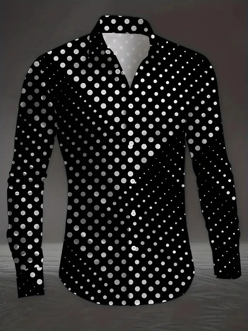 Men's long sleeve shirt with irregular geometric print, button-up design, in stylish fabric for street fashion by Showlu Fashion.