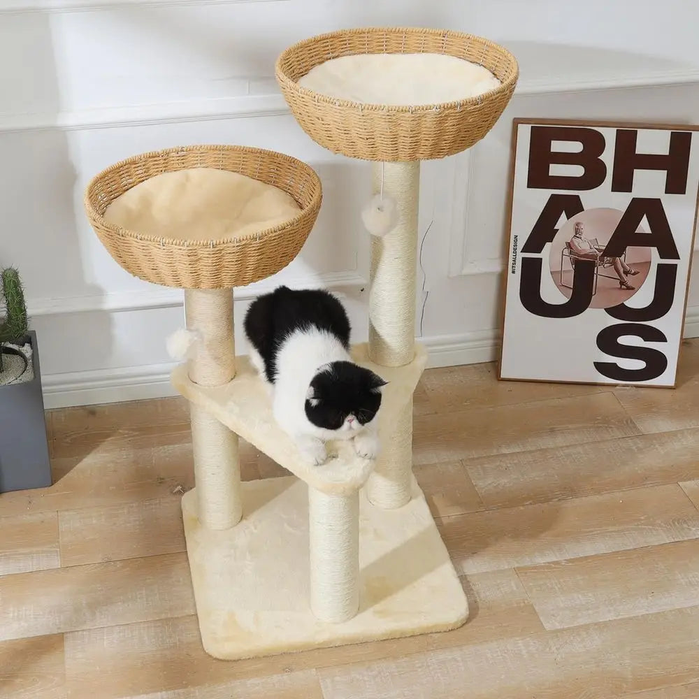 Showlu Fashion Store SHENGOCASE cat tree tower with rattan wicker basket bed for large cats, featuring cozy lounging and climbing spaces