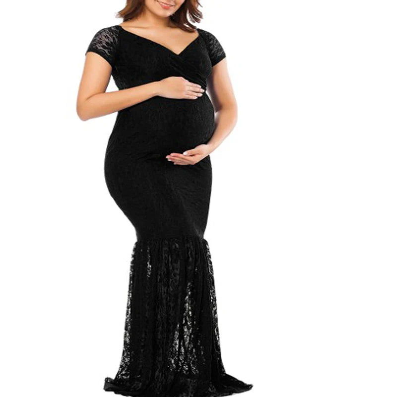 Elegant SHOWLU FASHION STORE mermaid lace maternity photography gown with long sleeves, featuring a flowing maxi design.