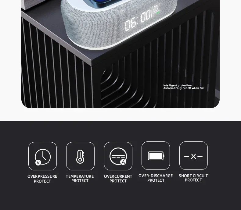 Showlu Smart General 15W wireless charging alarm clock with LED night light, digital display and modern bedside design.