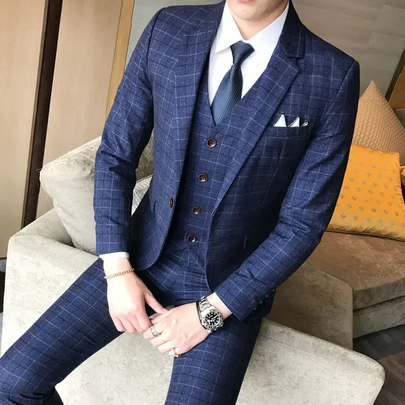 Left side of men's 3-piece plaid suit by SHOWLU FASHION STORE featuring a slim fit blazer, perfect for wedding or business attire.